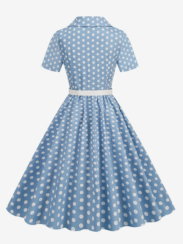 Retro Glamour Dress 1950s Style Turndown Collar Buttons Short Sleeves Polka Dot Swing Dress