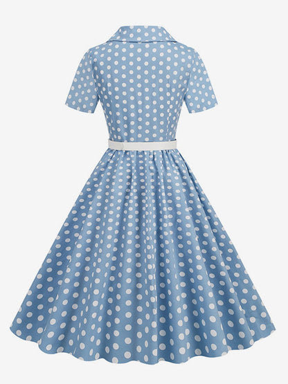 Retro Glamour Dress 1950s Style Turndown Collar Buttons Short Sleeves Polka Dot Swing Dress