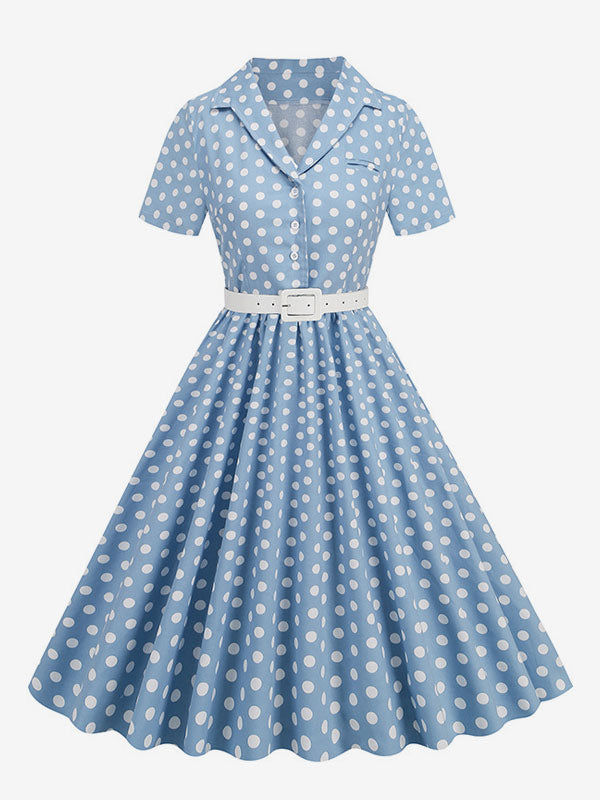 Retro Glamour Dress 1950s Style Turndown Collar Buttons Short Sleeves Polka Dot Swing Dress