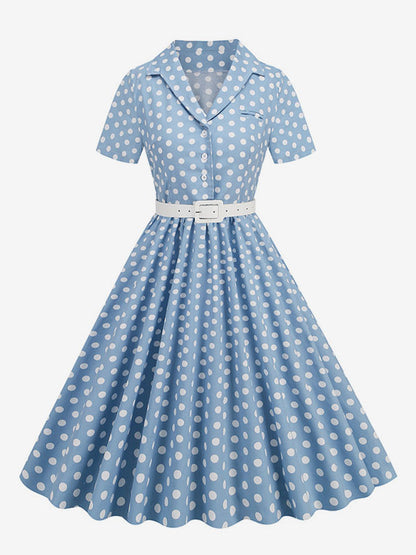 Retro Glamour Dress 1950s Style Turndown Collar Buttons Short Sleeves Polka Dot Swing Dress