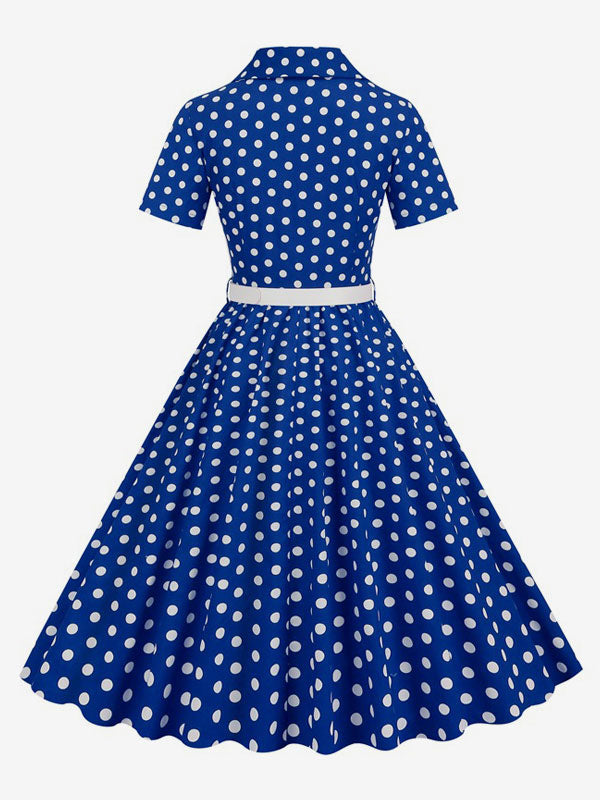 Retro Glamour Dress 1950s Style Turndown Collar Buttons Short Sleeves Polka Dot Swing Dress