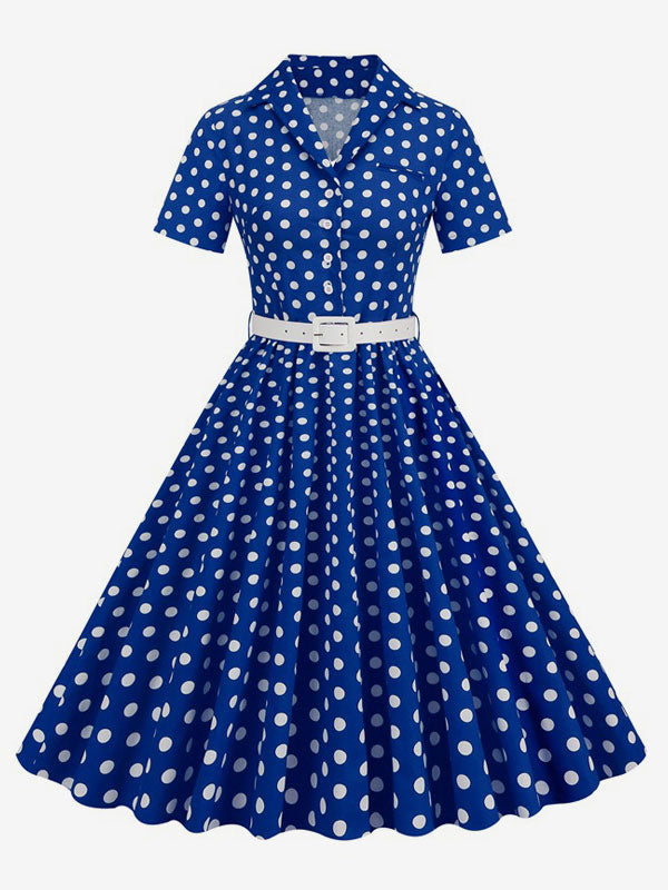 Retro Glamour Dress 1950s Style Turndown Collar Buttons Short Sleeves Polka Dot Swing Dress