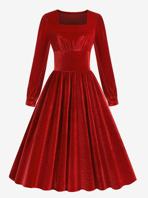 Vintage Glamour Dress 1950s Black Long Sleeves Square Neck Rockabilly Dress