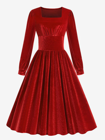 Vintage Glamour Dress 1950s Black Long Sleeves Square Neck Rockabilly Dress