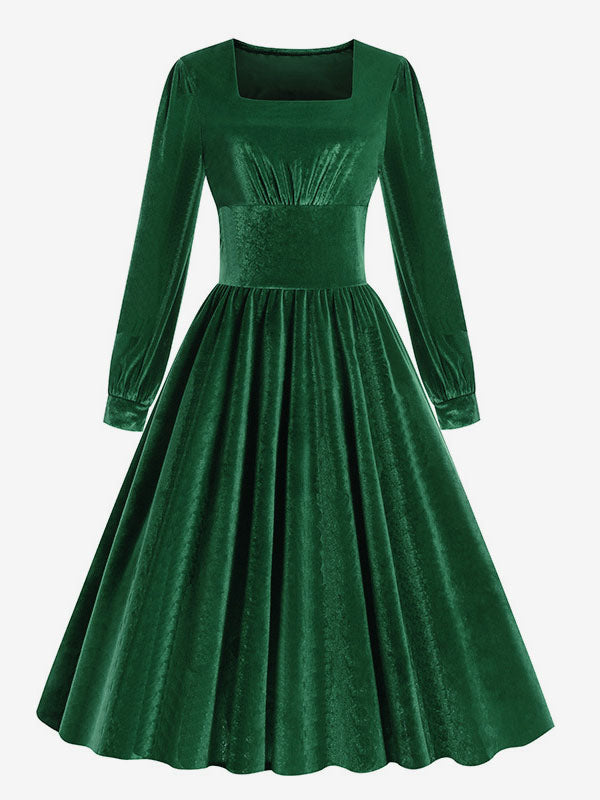 Vintage Glamour Dress 1950s Black Long Sleeves Square Neck Rockabilly Dress