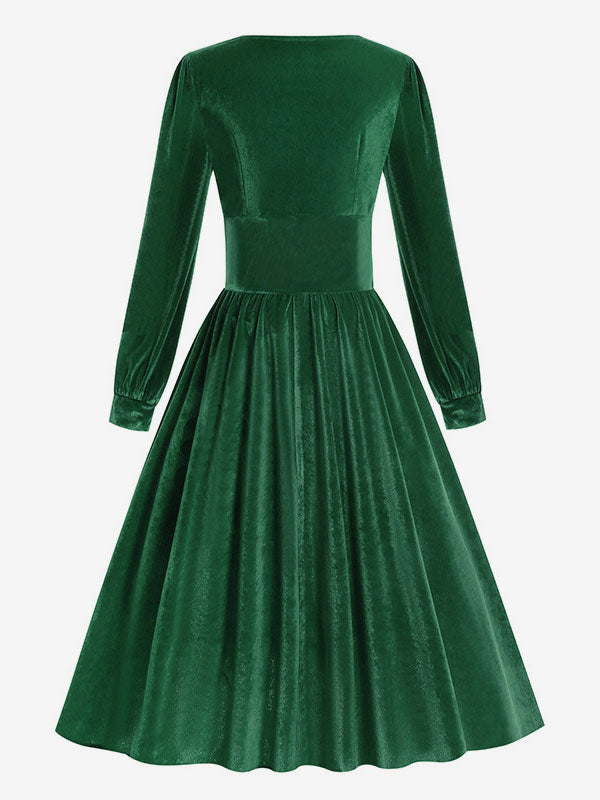Vintage Glamour Dress 1950s Black Long Sleeves Square Neck Rockabilly Dress