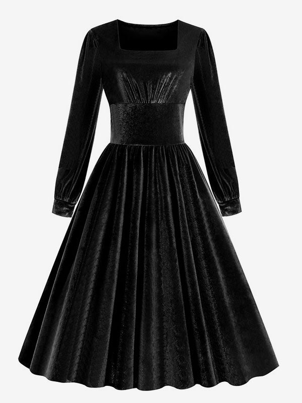 Vintage Glamour Dress 1950s Black Long Sleeves Square Neck Rockabilly Dress