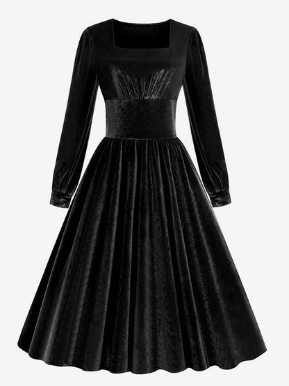 Vintage Glamour Dress 1950s Black Long Sleeves Square Neck Rockabilly Dress