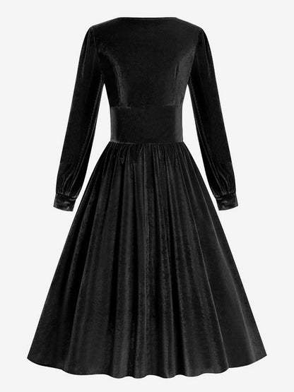Vintage Glamour Dress 1950s Black Long Sleeves Square Neck Rockabilly Dress