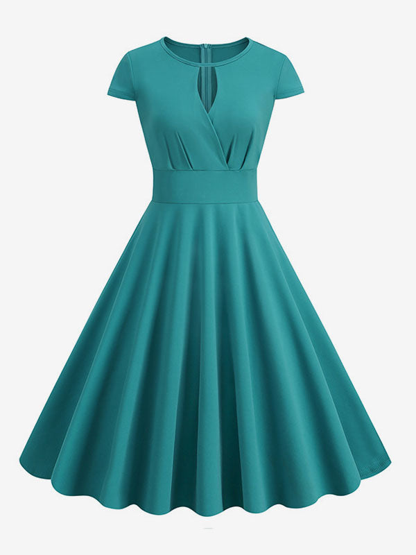 Vintage Glamour Dress 1950s Style Jewel Neck Cut Out Short Sleeves Medium Swing Dress