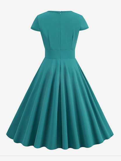 Vintage Glamour Dress 1950s Style Jewel Neck Cut Out Short Sleeves Medium Swing Dress