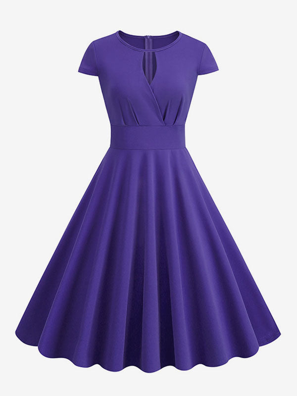 Vintage Glamour Dress 1950s Style Jewel Neck Cut Out Short Sleeves Medium Swing Dress