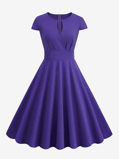 Vintage Glamour Dress 1950s Style Jewel Neck Cut Out Short Sleeves Medium Swing Dress