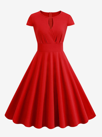 Vintage Glamour Dress 1950s Style Jewel Neck Cut Out Short Sleeves Medium Swing Dress