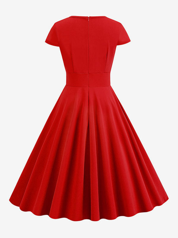 Vintage Glamour Dress 1950s Style Jewel Neck Cut Out Short Sleeves Medium Swing Dress