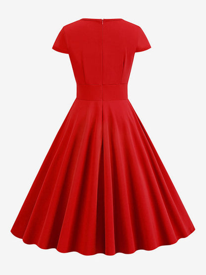 Vintage Glamour Dress 1950s Style Jewel Neck Cut Out Short Sleeves Medium Swing Dress