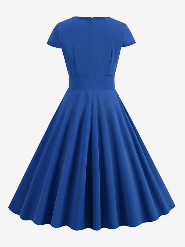 Vintage Glamour Dress 1950s Style Jewel Neck Cut Out Short Sleeves Medium Swing Dress