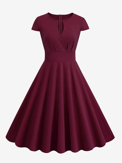Vintage Glamour Dress 1950s Style Jewel Neck Cut Out Short Sleeves Medium Swing Dress