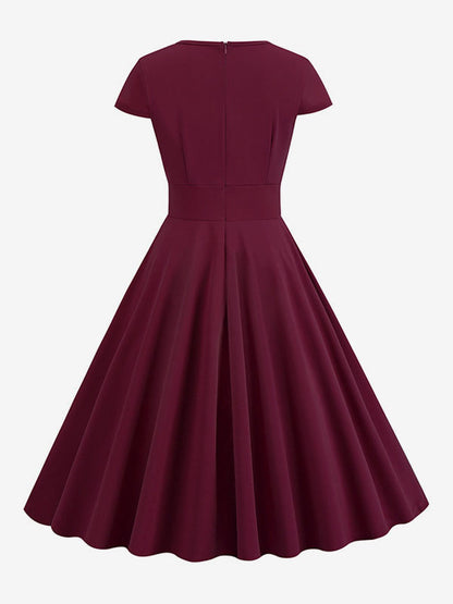 Vintage Glamour Dress 1950s Style Jewel Neck Cut Out Short Sleeves Medium Swing Dress