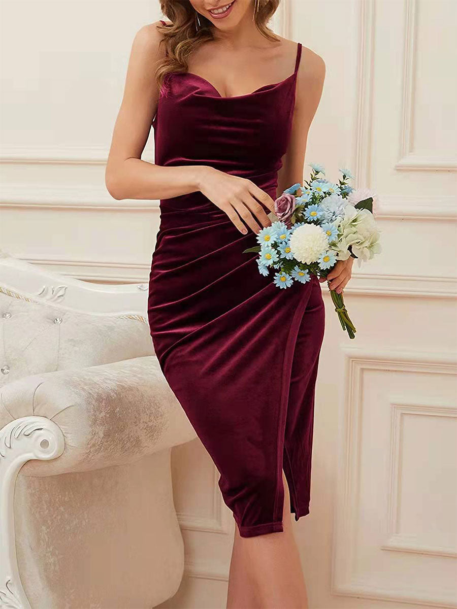 Birthday Party Dresses Burgundy Straps Neck Pleated Sleeveless Low-slit Prom Midi Dress