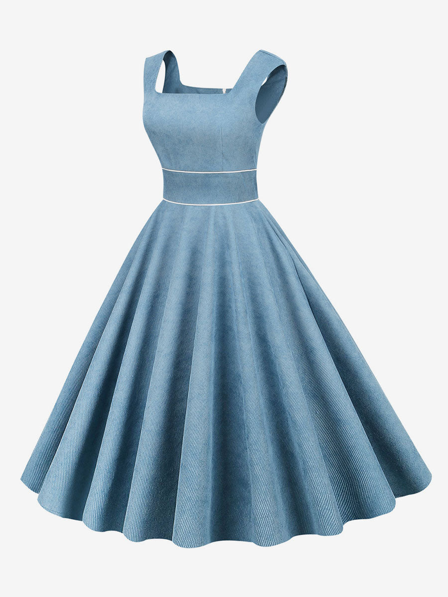 Retro Glamour Dress 1950s Style Baby Blue Piping Sleeveless Square Neck Medium Rockabilly Dress