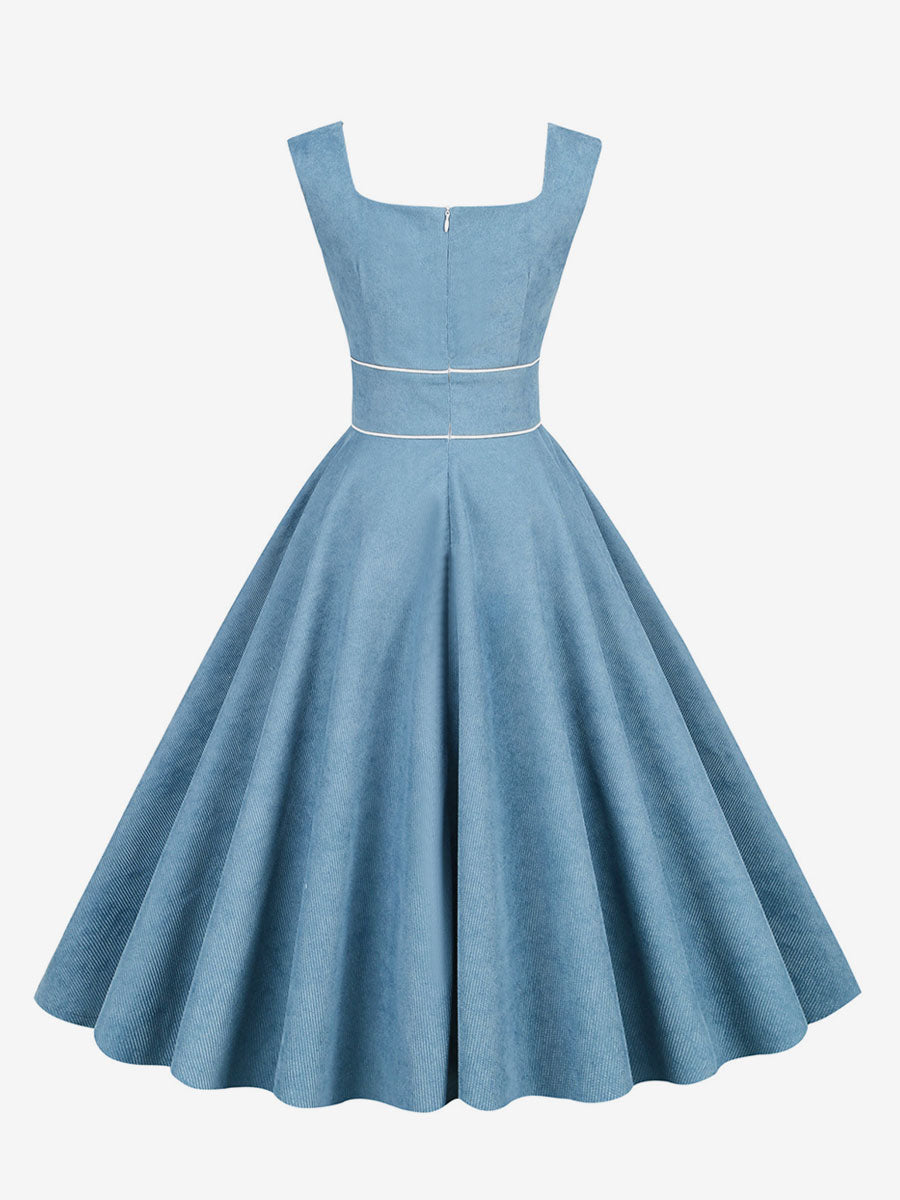 Retro Glamour Dress 1950s Style Baby Blue Piping Sleeveless Square Neck Medium Rockabilly Dress