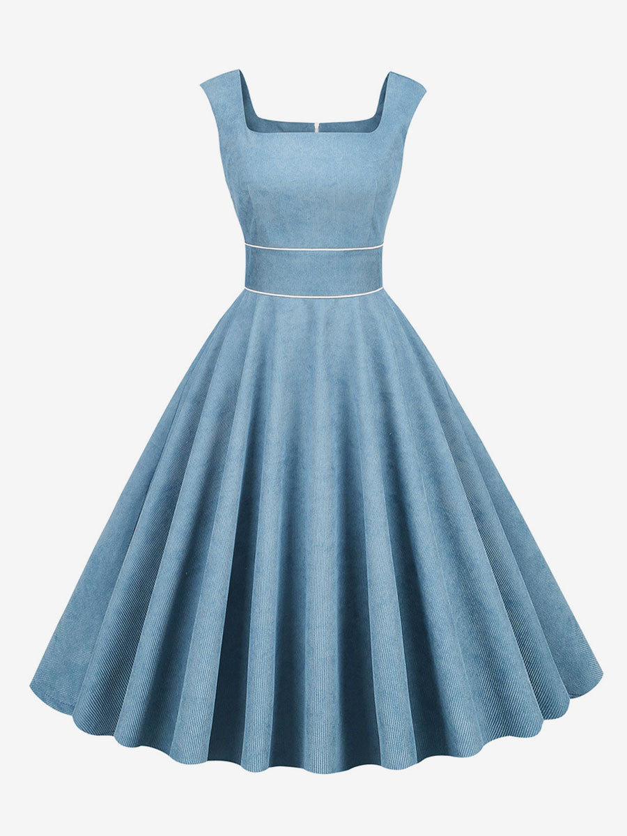 Retro Glamour Dress 1950s Style Baby Blue Piping Sleeveless Square Neck Medium Rockabilly Dress