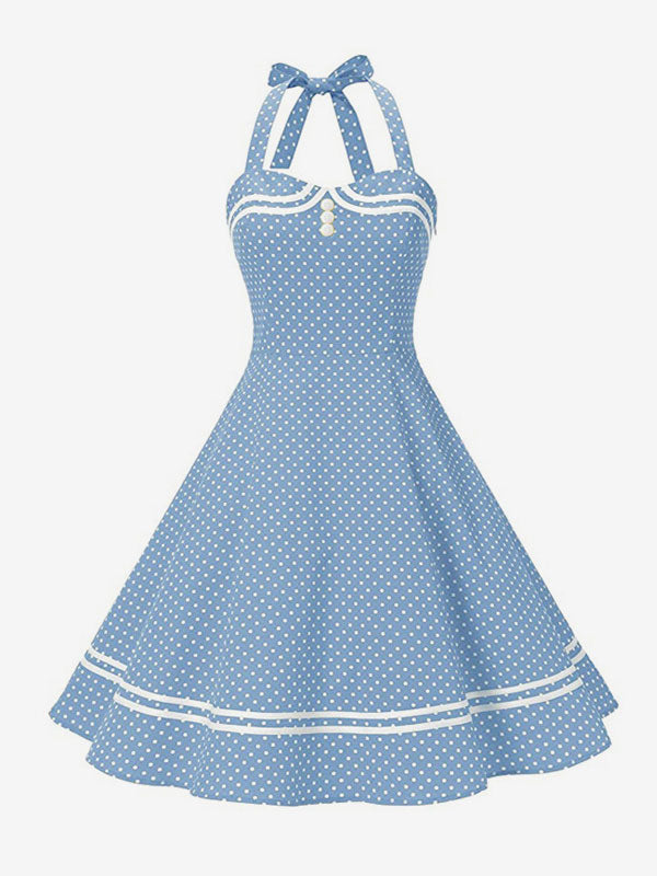 Retro Glamour Dress 1950s Aquatic Plaid Backless Buttons Sleeveless Sweetheart Neck Medium Rockabilly Dress