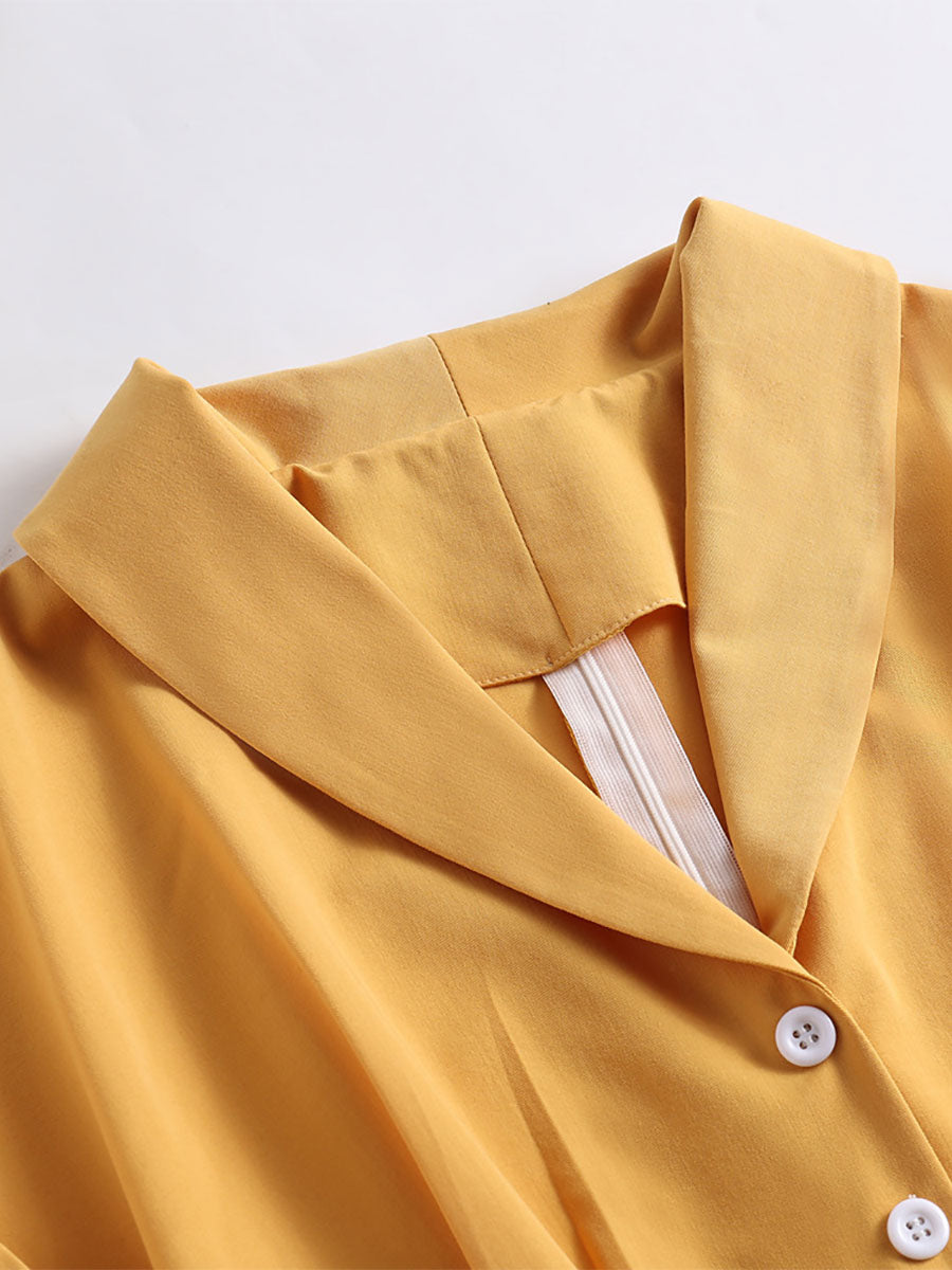 Vintage Glamour Dress Turndown Collar Buttons 1950s Style Short Sleeves Medium Yellow Rockabilly Dress