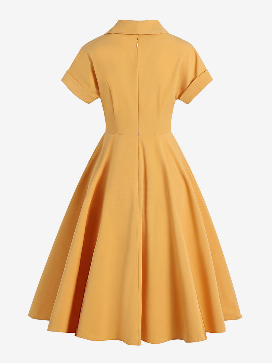 Vintage Glamour Dress Turndown Collar Buttons 1950s Style Short Sleeves Medium Yellow Rockabilly Dress