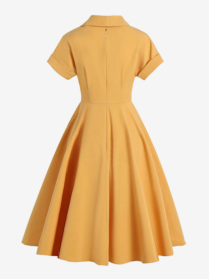 Vintage Glamour Dress Turndown Collar Buttons 1950s Style Short Sleeves Medium Yellow Rockabilly Dress
