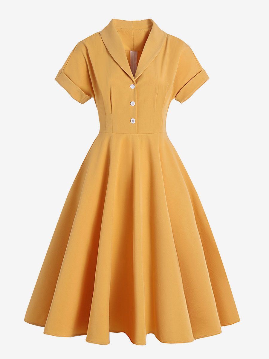 Vintage Glamour Dress Turndown Collar Buttons 1950s Style Short Sleeves Medium Yellow Rockabilly Dress