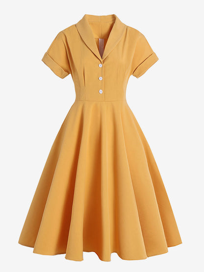Vintage Glamour Dress Turndown Collar Buttons 1950s Style Short Sleeves Medium Yellow Rockabilly Dress