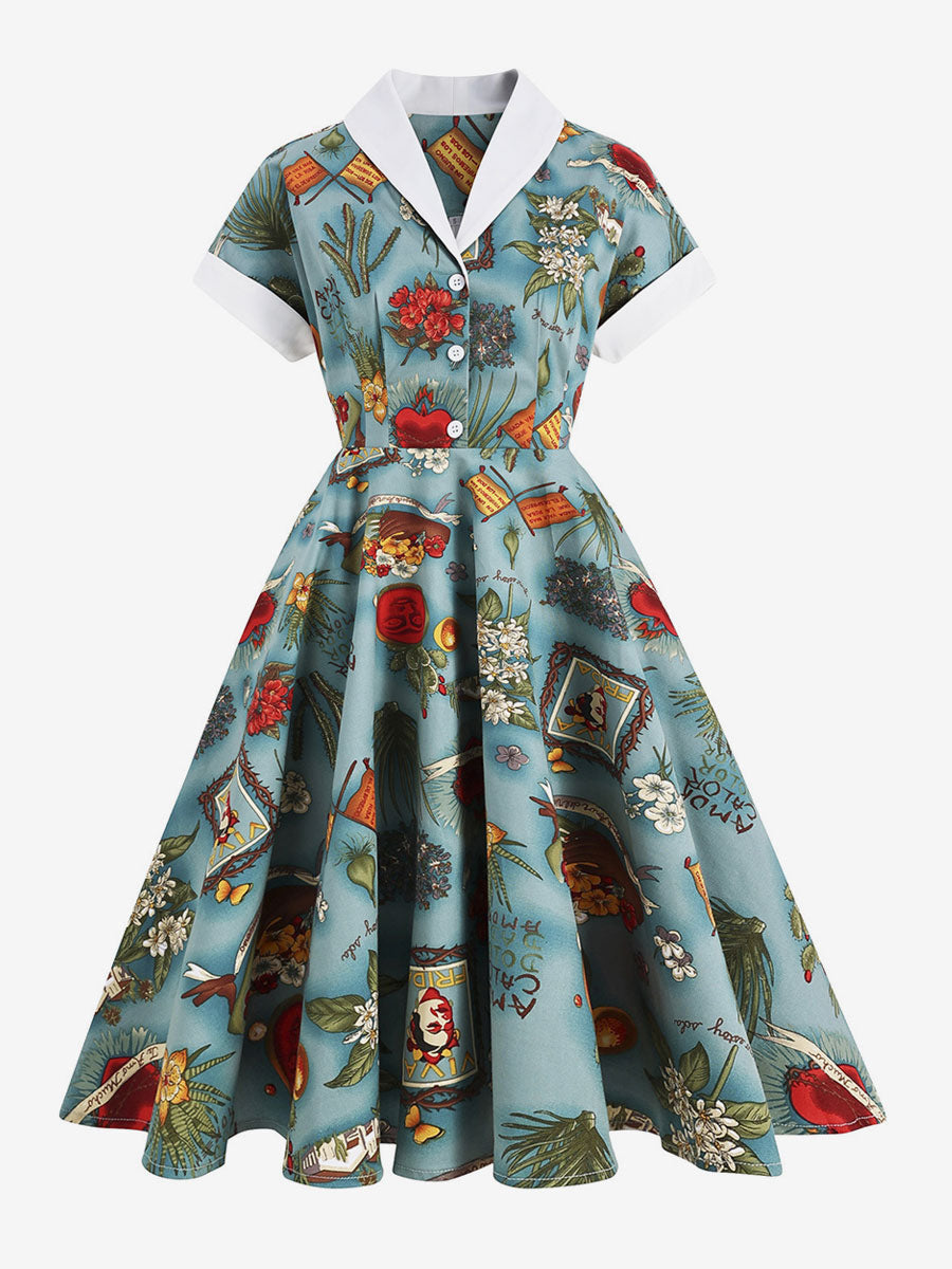Vintage Glamour Dress Turndown Collar Buttons 1950s Style Short Sleeves Medium Yellow Rockabilly Dress