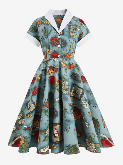 Vintage Glamour Dress Turndown Collar Buttons 1950s Style Short Sleeves Medium Yellow Rockabilly Dress