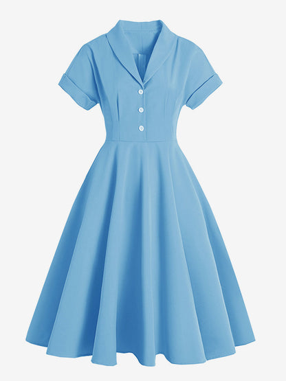 Vintage Glamour Dress Turndown Collar Buttons 1950s Style Short Sleeves Medium Yellow Rockabilly Dress