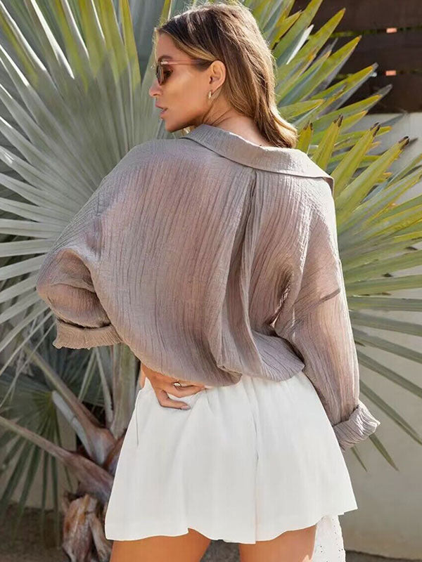 Shirt For Women White Oversized Pleated Turndown Collar Casual Long Sleeves Tops