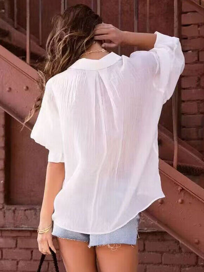 Shirt For Women White Oversized Pleated Turndown Collar Casual Long Sleeves Tops