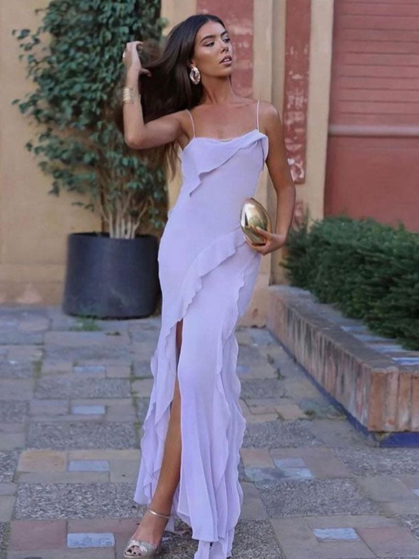 Summer Dress Straps Neck Pleated Layered Lavender Long Beach Dress