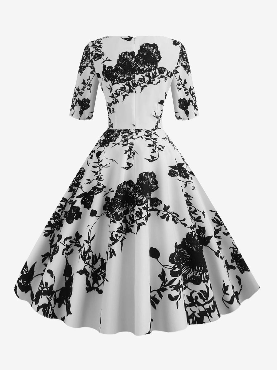 Vintage Glamour Dress Black 1950s Style Floral Print Layered Half Sleeves Sweetheart Neck Medium Rockabilly Dress
