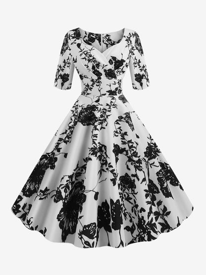 Vintage Glamour Dress Black 1950s Style Floral Print Layered Half Sleeves Sweetheart Neck Medium Rockabilly Dress