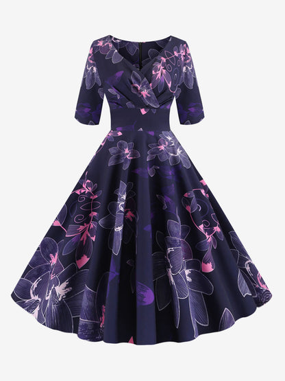 Vintage Glamour Dress Black 1950s Style Floral Print Layered Half Sleeves Sweetheart Neck Medium Rockabilly Dress