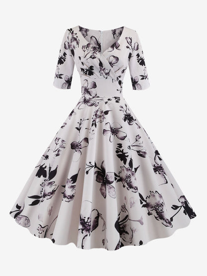 Vintage Glamour Dress Black 1950s Style Floral Print Layered Half Sleeves Sweetheart Neck Medium Rockabilly Dress