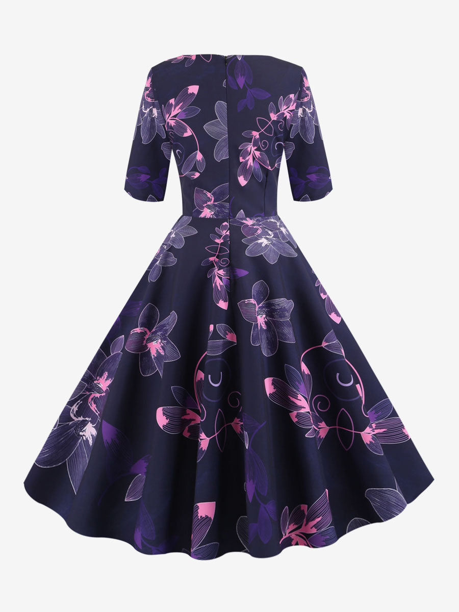 Vintage Glamour Dress Black 1950s Style Floral Print Layered Half Sleeves Sweetheart Neck Medium Rockabilly Dress