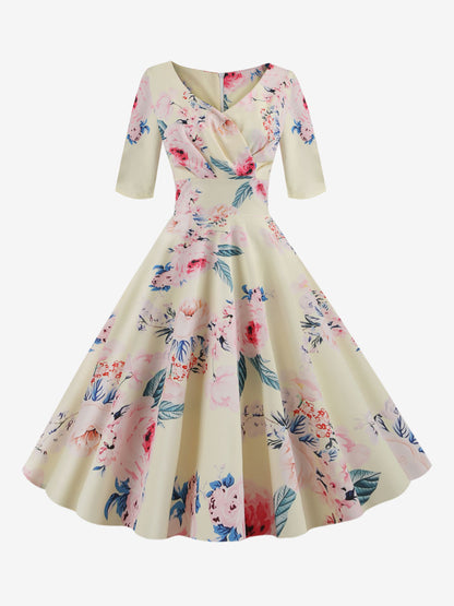 Vintage Glamour Dress Black 1950s Style Floral Print Layered Half Sleeves Sweetheart Neck Medium Rockabilly Dress