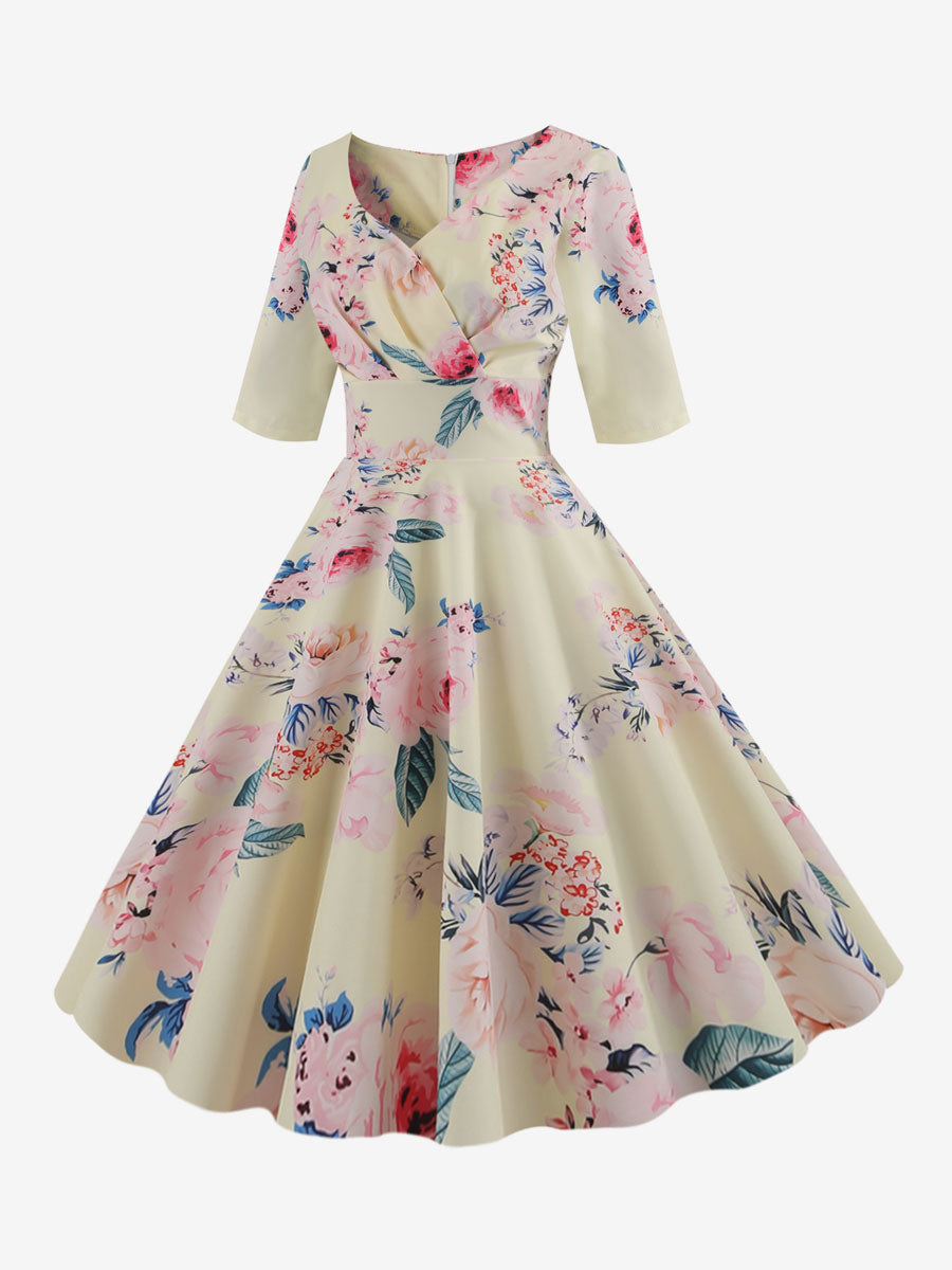 Vintage Glamour Dress Black 1950s Style Floral Print Layered Half Sleeves Sweetheart Neck Medium Rockabilly Dress