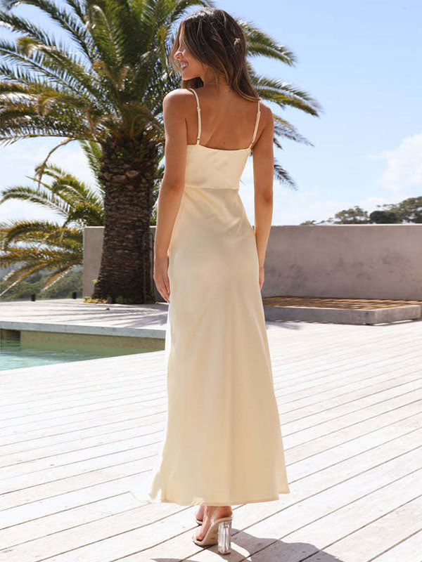 Summer Dress Straps Neck Split Front High-slit Beige Long Prom Dress