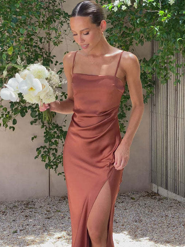 Summer Dress Straps Neck Split Front High-slit Beige Long Prom Dress