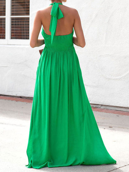 Halter Neck Maxi Dress for Women - Boho V Neck Ruched Flowy Backless Sun Dress - Summer Beach Party 2026