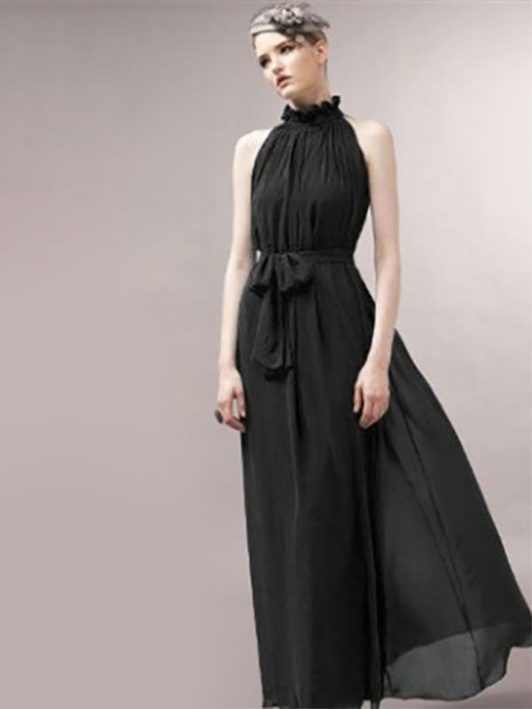 Halter Sundress Jewel Neck Lace Up Chiffon Beach Prom Maxi Dresses